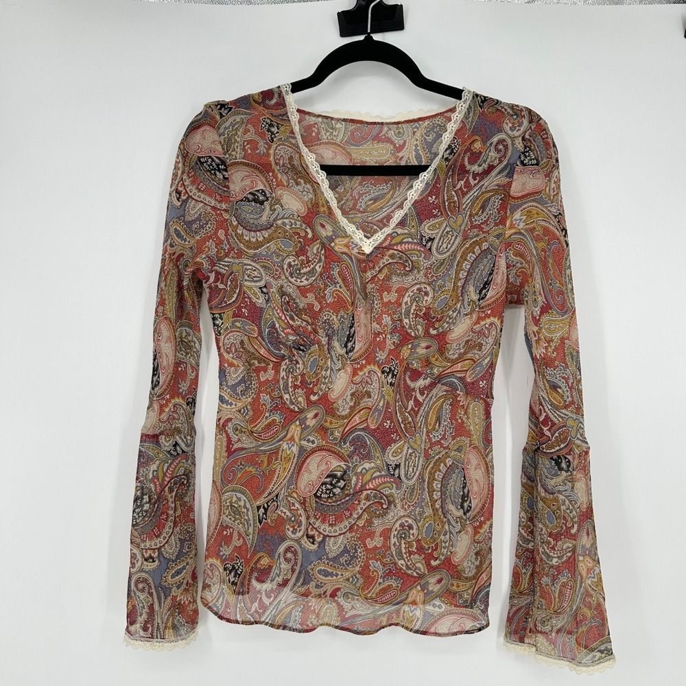 Red Paisley Boho 100% Silk Lace Flare Long Sleeve Sheer Top Whimsy Bohemian M - Picture 7 of 7